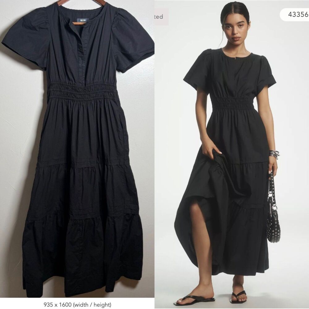Maeve by Anthropologie The Somerset Smocked Cotton Maxi Dress Size XS Black